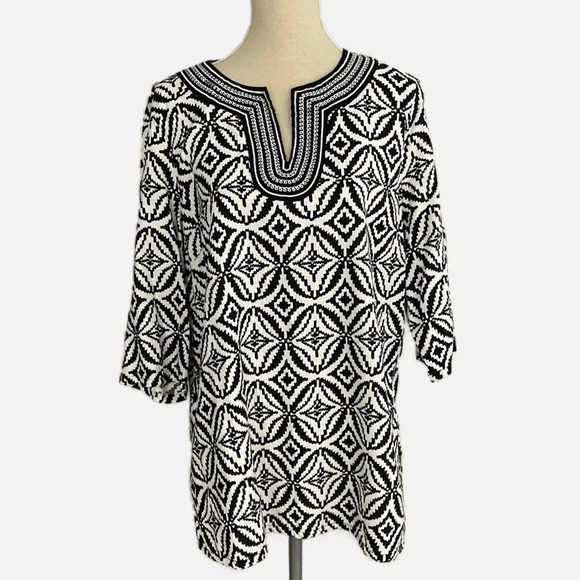 Marisa Christina Woman Tunic Top Size 1X Black White Linen Embroidered V-Neck - Picture 2 of 12